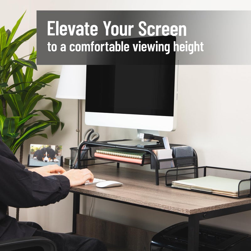 Mind Reader Monitor Stand, Ventilated Laptop Riser, Paper Tray, Storage, Office, Metal Mesh, 20"L x 11.5"W x 5.5"H, Black - Image 2
